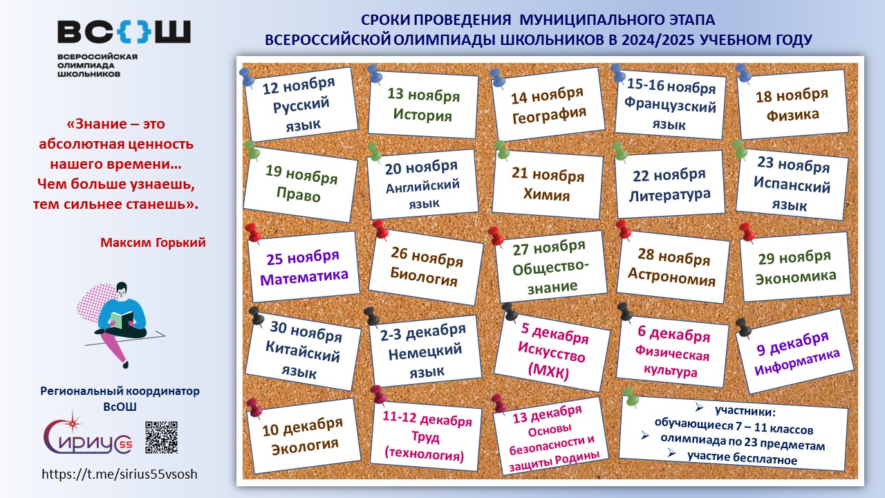 Сроки проведения муниципального этапа всероссийской олимпиады школьников в 2024/2025 учебном году.